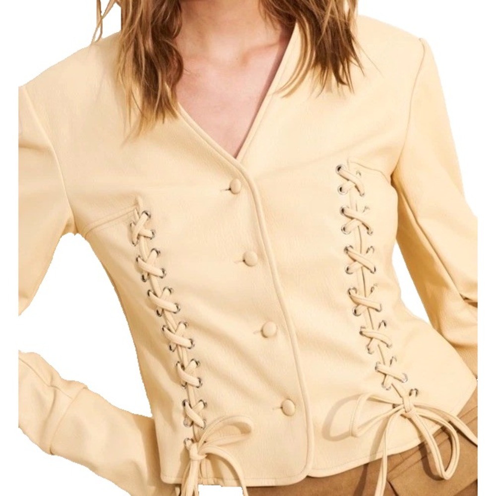 Saemdi Vegan Leather Lace Up Cream Blazer Top Jacket Womens XS Fits S RP $288
